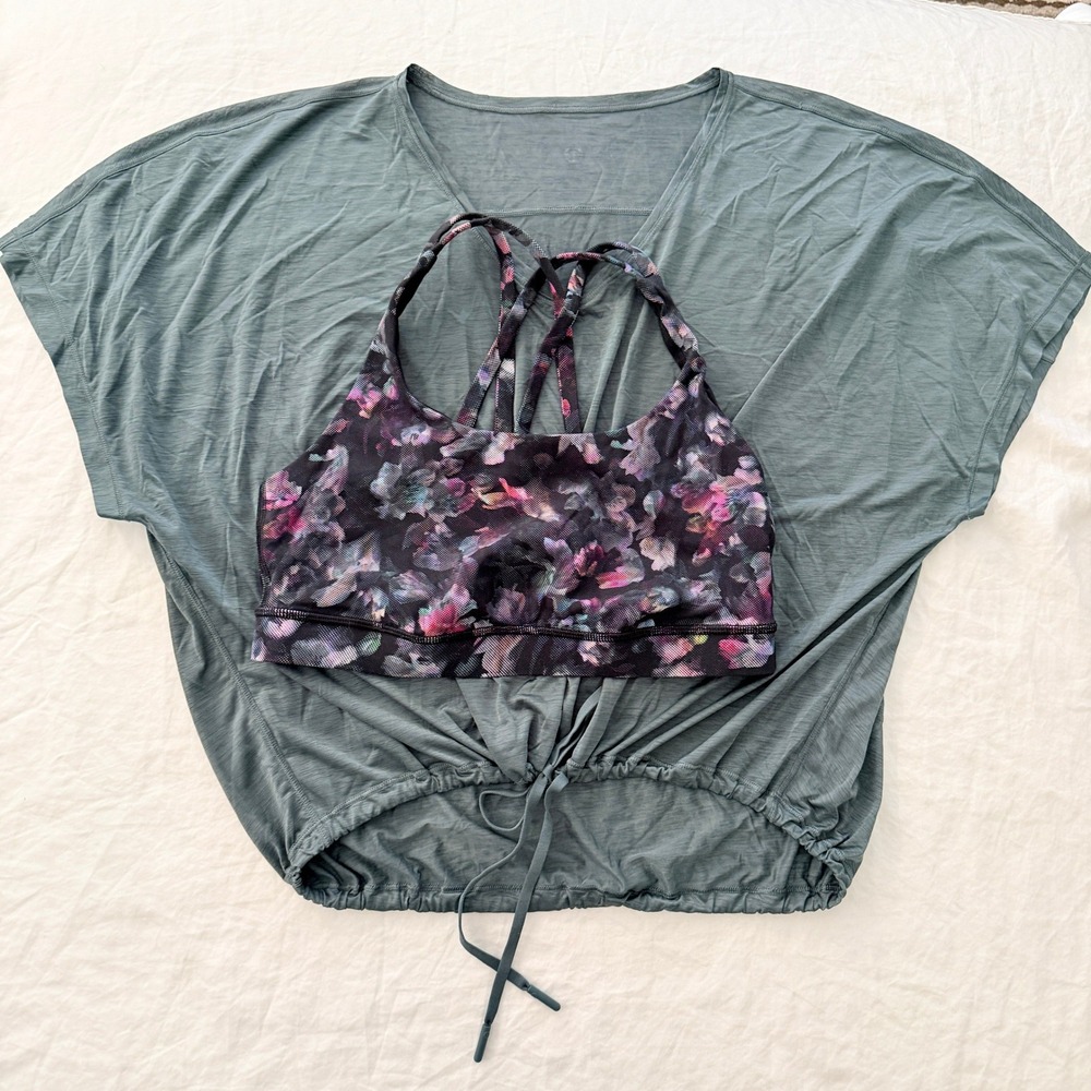 Lululemon Through The Movement Tee Sea Steel+ Floral Energy Bra Womens 8 Set Lot